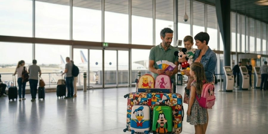 Family at the airport with luggage before travelling from Orly to Disneyland Paris.