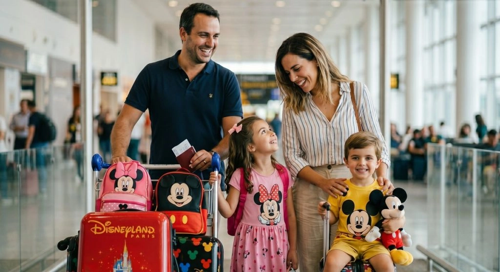 Family with children at CDG Airport before travelling to Disneyland® Paris