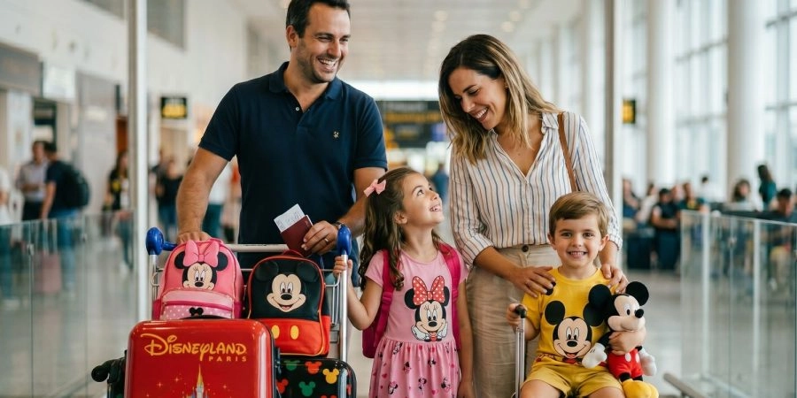 Family with children at CDG Airport before travelling to Disneyland® Paris
