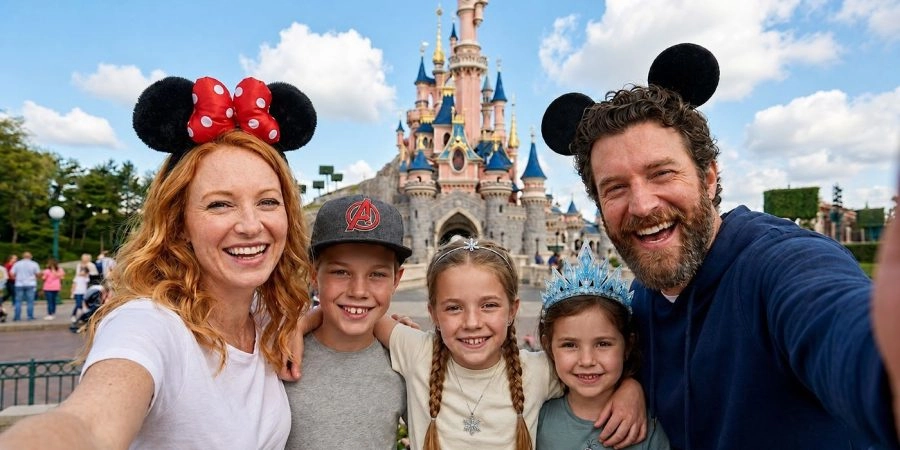 Family at Disneyland® Paris after travelling from Paris airports.